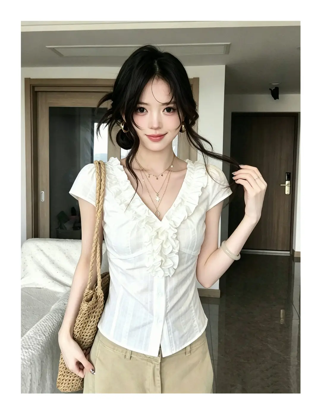 Fashionable French-Style Ruffled V-Neck Short-Sleeve Shirt for Women, Summer White Slim-Fit Stylish Top with a Pure and Alluring Vibe, Ins Style — feature 7