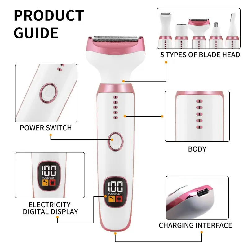 Cross-Border Five-In-One Hair Trimmer, Hair Removal, Body and Private Area Hair Removal, Private Electric Multi-Functional Female Hair Shaver
