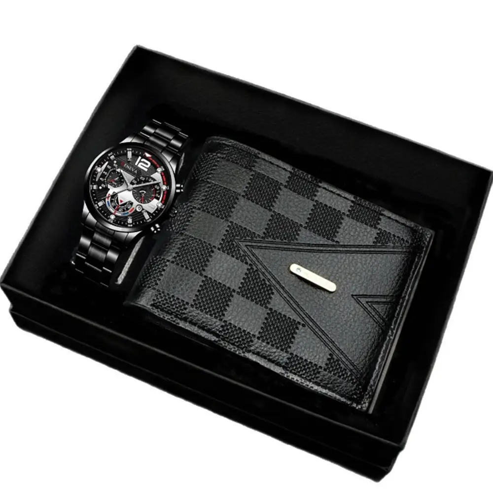 Popular Classic Fashion Men's Calendar Watch Wholesale Sports Steel Band Wristwatch Business Cross-Border Set Combination Watch