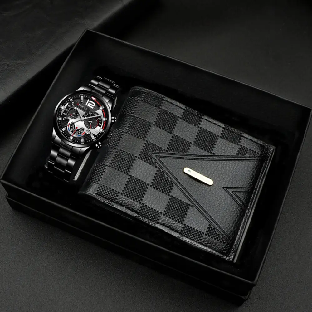 Popular Classic Fashion Men's Calendar Watch Wholesale Sports Steel Band Wristwatch Business Cross-Border Set Combination Watch — feature 1