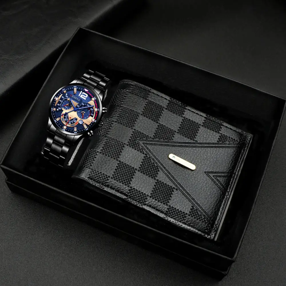 Popular Classic Fashion Men's Calendar Watch Wholesale Sports Steel Band Wristwatch Business Cross-Border Set Combination Watch — feature 2