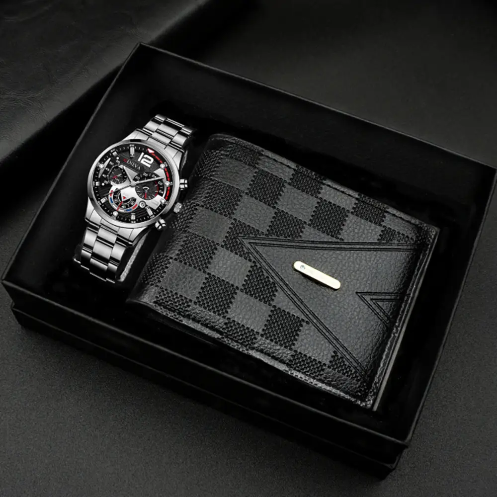 Popular Classic Fashion Men's Calendar Watch Wholesale Sports Steel Band Wristwatch Business Cross-Border Set Combination Watch — feature 4
