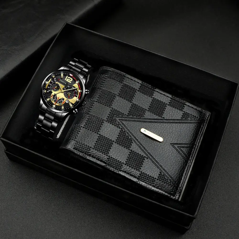 Popular Classic Fashion Men's Calendar Watch Wholesale Sports Steel Band Wristwatch Business Cross-Border Set Combination Watch