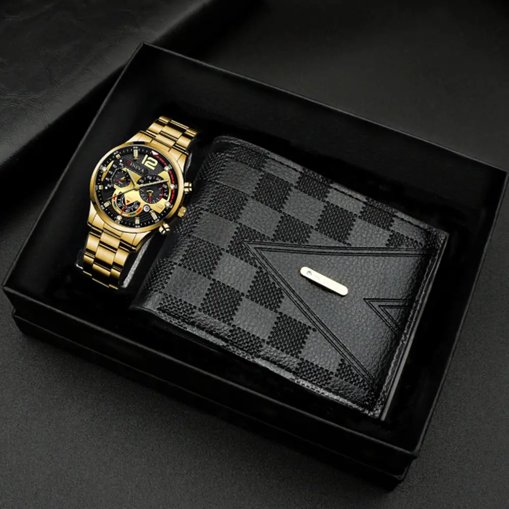 Popular Classic Fashion Men's Calendar Watch Wholesale Sports Steel Band Wristwatch Business Cross-Border Set Combination Watch