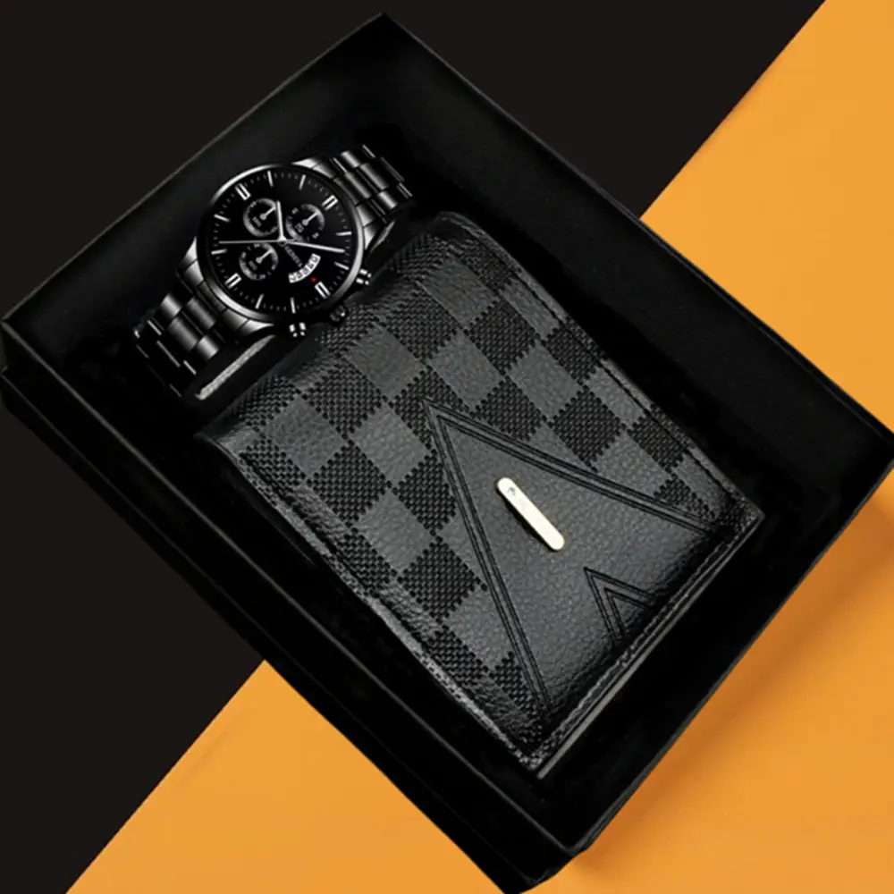 Popular Classic Fashion Men's Calendar Watch Wholesale Sports Steel Band Wristwatch Business Cross-Border Set Combination Watch