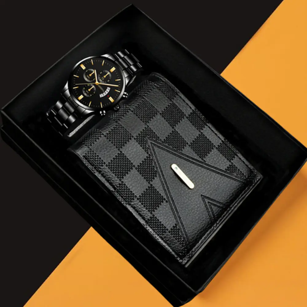 Popular Classic Fashion Men's Calendar Watch Wholesale Sports Steel Band Wristwatch Business Cross-Border Set Combination Watch