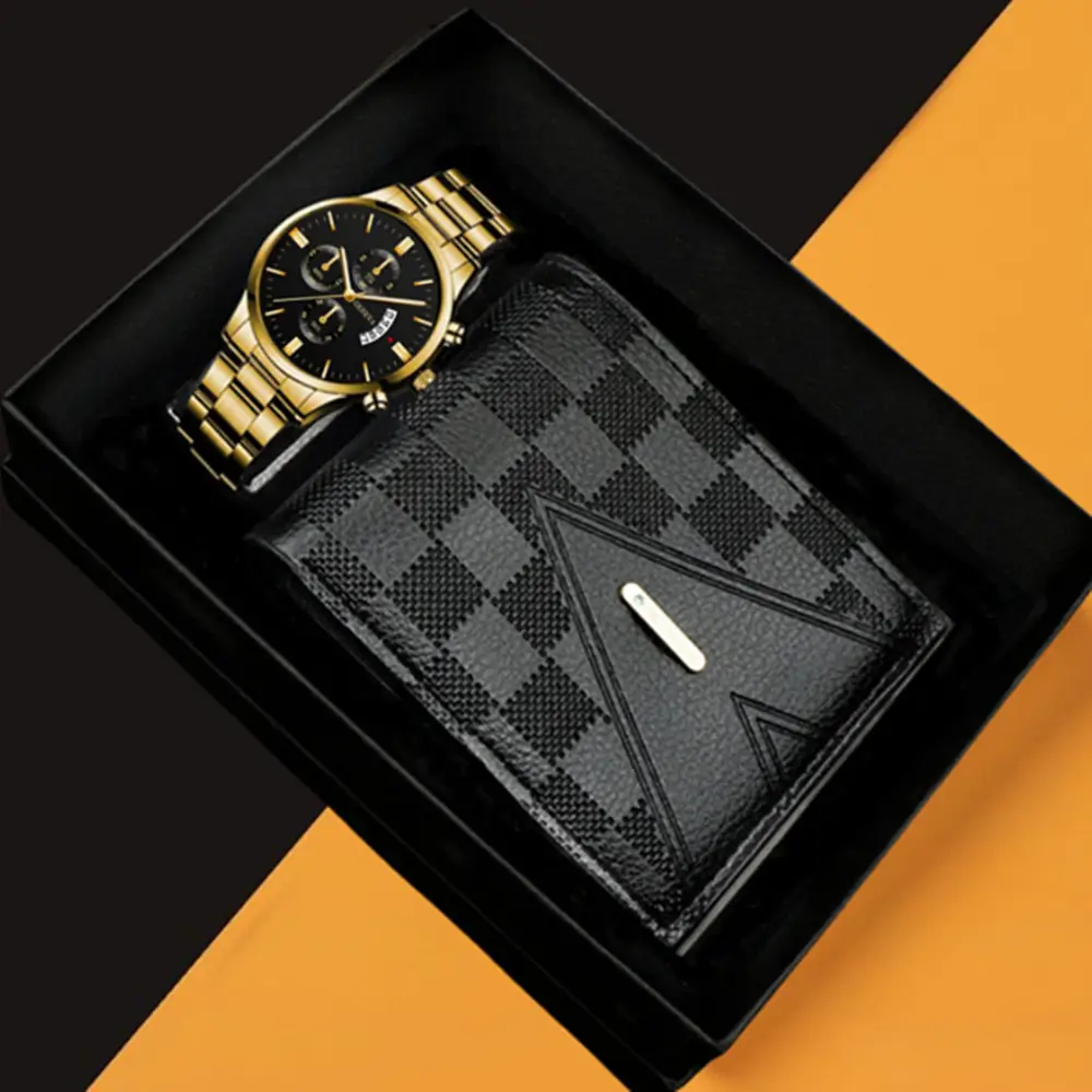 Popular Classic Fashion Men's Calendar Watch Wholesale Sports Steel Band Wristwatch Business Cross-Border Set Combination Watch