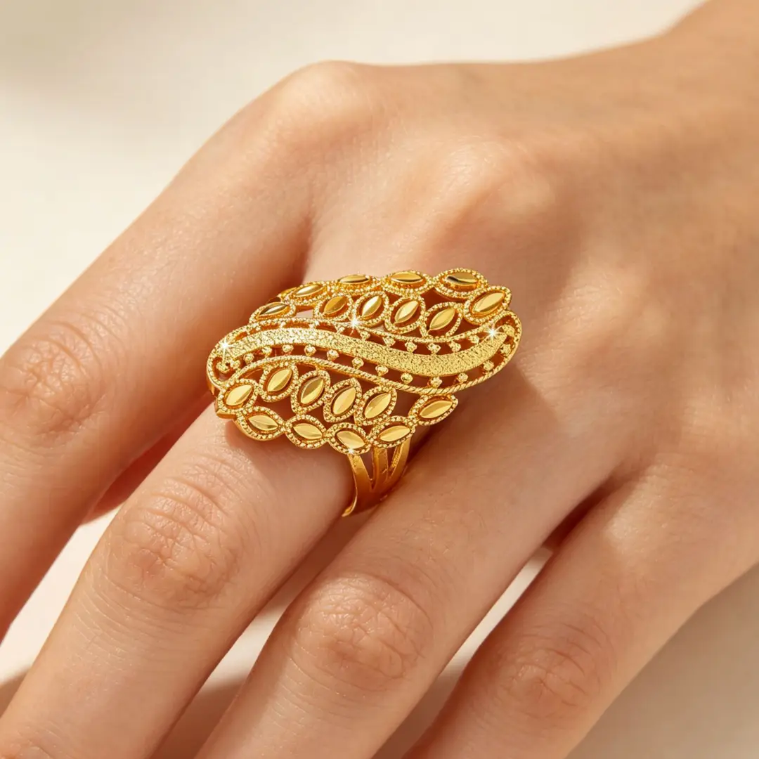 Non-Fading Cross-Border Vietnamese Sand Gold Ancient Style Filigree Hollow Leaf Pattern Adjustable Ring Brass Plated with 24K Gold