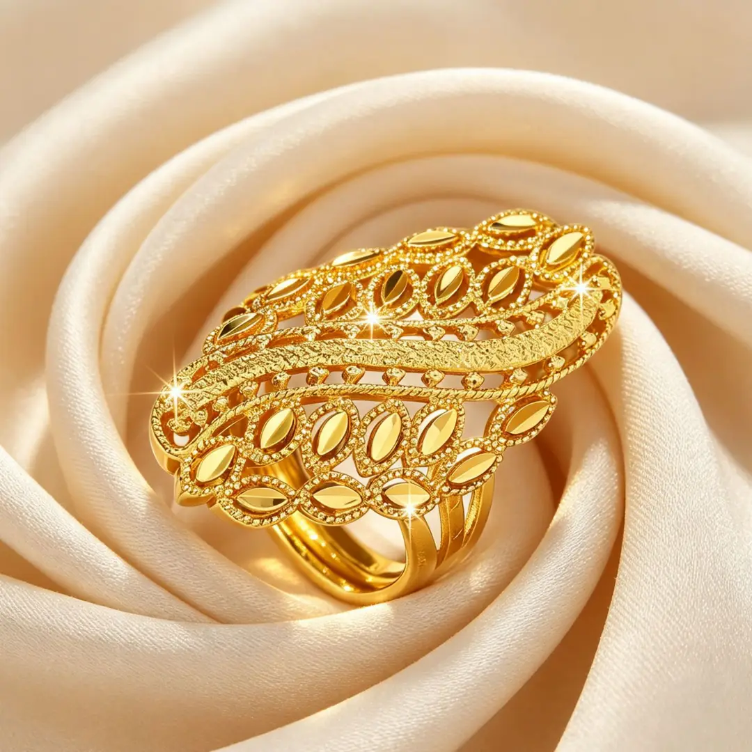 Non-Fading Cross-Border Vietnamese Sand Gold Ancient Style Filigree Hollow Leaf Pattern Adjustable Ring Brass Plated with 24K Gold