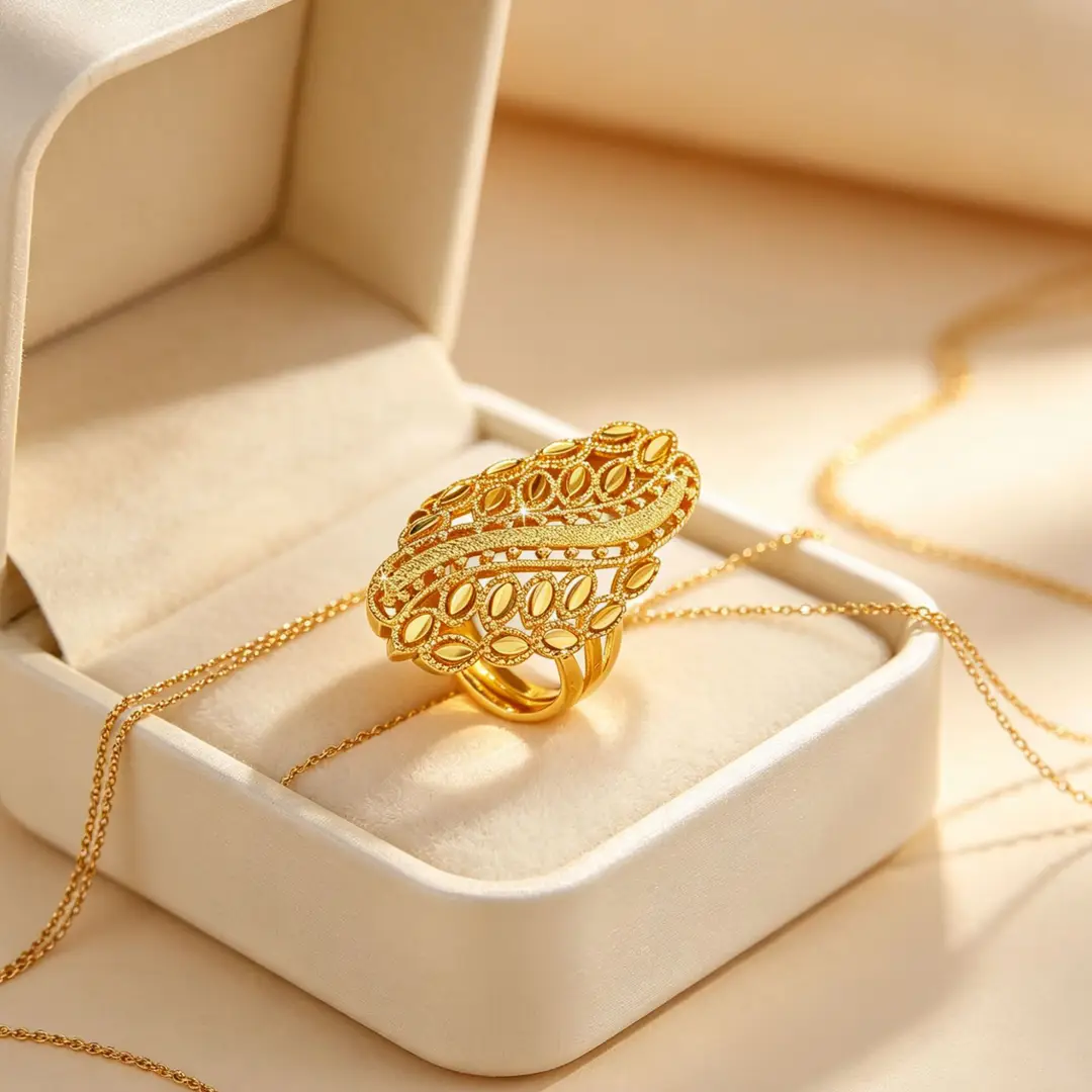 Non-Fading Cross-Border Vietnamese Sand Gold Ancient Style Filigree Hollow Leaf Pattern Adjustable Ring Brass Plated with 24K Gold