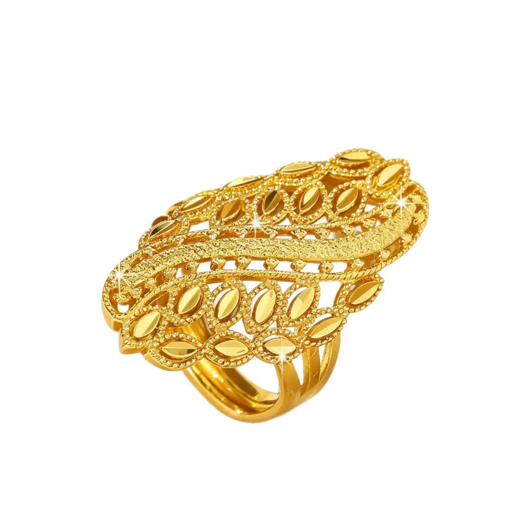 Non-Fading Cross-Border Vietnamese Sand Gold Ancient Style Filigree Hollow Leaf Pattern Adjustable Ring Brass Plated with 24K Gold