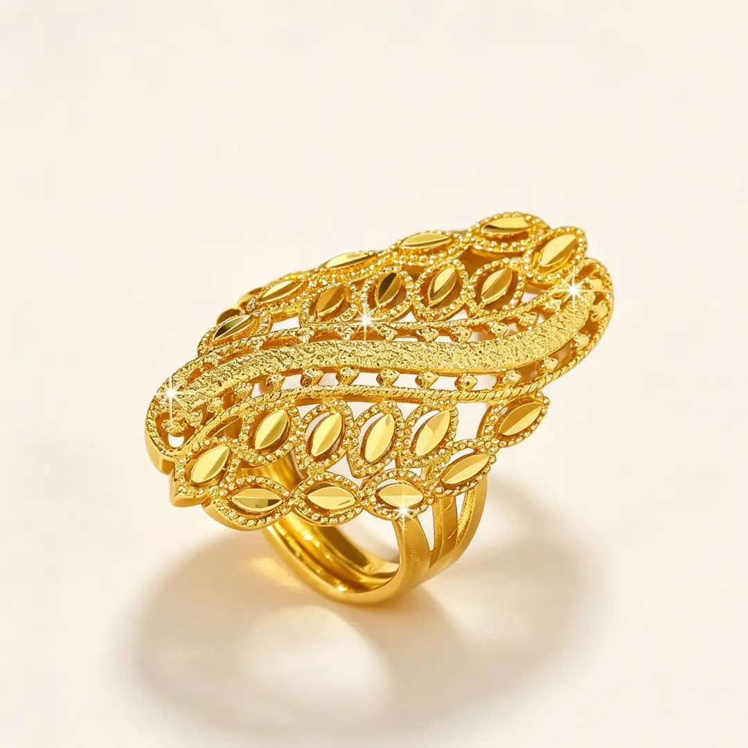 Non-Fading Cross-Border Vietnamese Sand Gold Ancient Style Filigree Hollow Leaf Pattern Adjustable Ring Brass Plated with 24K Gold — feature 6