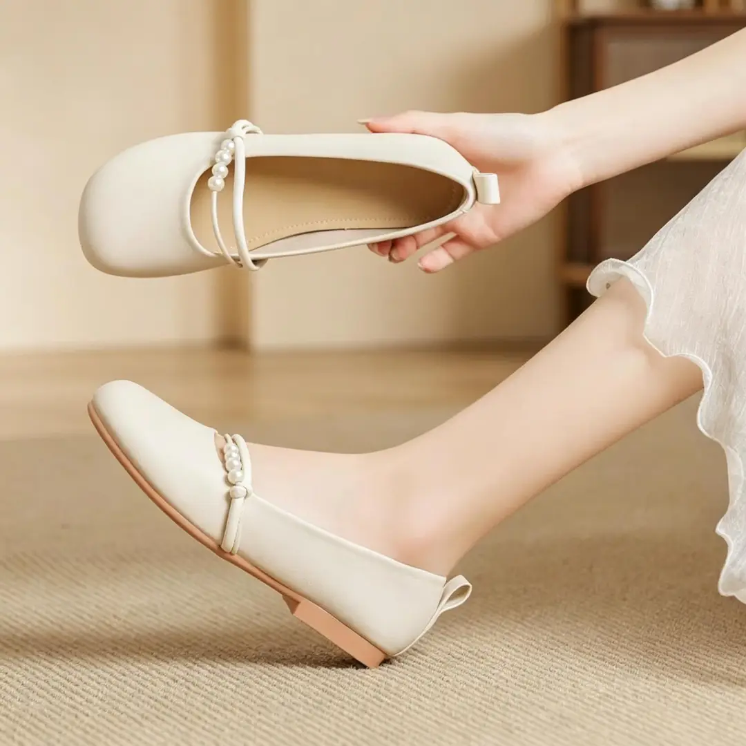 Red Jingyan Genuine Leather Flat Shoes for Women 2026 Spring and Summer New Fashion Pearl Shoes to Match Skirts Non-Slip Soft Sole Mary Jane Shoes - Image 4