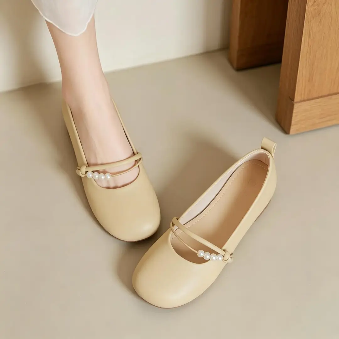 Red Jingyan Genuine Leather Flat Shoes for Women 2026 Spring and Summer New Fashion Pearl Shoes to Match Skirts Non-Slip Soft Sole Mary Jane Shoes - Image 6