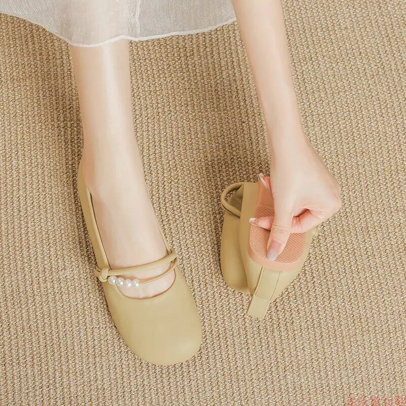 Red Jingyan Genuine Leather Flat Shoes for Women 2026 Spring and Summer New Fashion Pearl Shoes to Match Skirts Non-Slip Soft Sole Mary Jane Shoes - Image 2