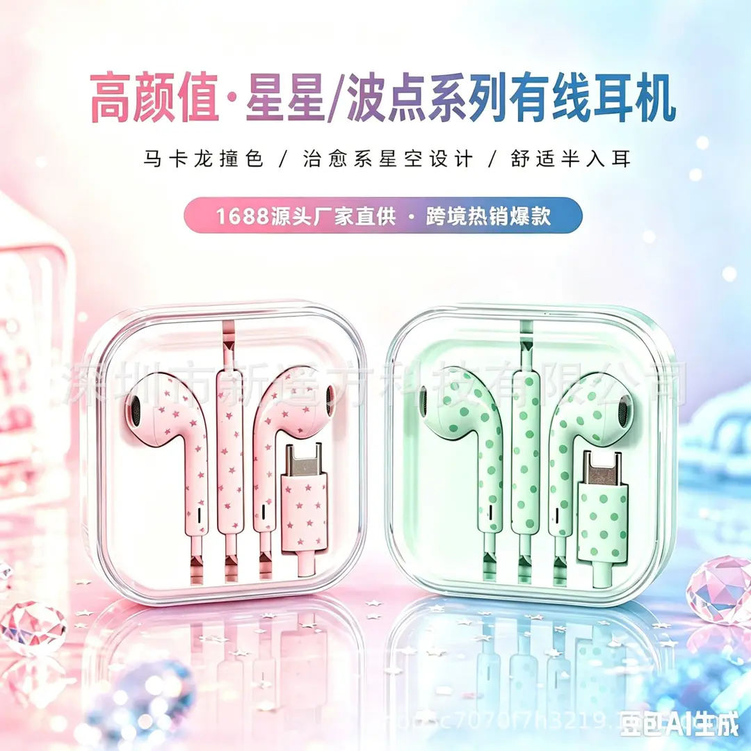 Customized Water Transfer Printing Polka Dot Star Pattern Wired Earphones with Microphone Type-C for Mobile Phones Wholesale