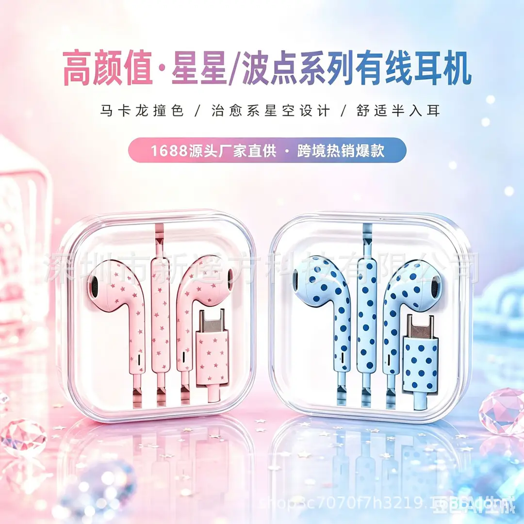Customized Water Transfer Printing Polka Dot Star Pattern Wired Earphones with Microphone Type-C for Mobile Phones Wholesale