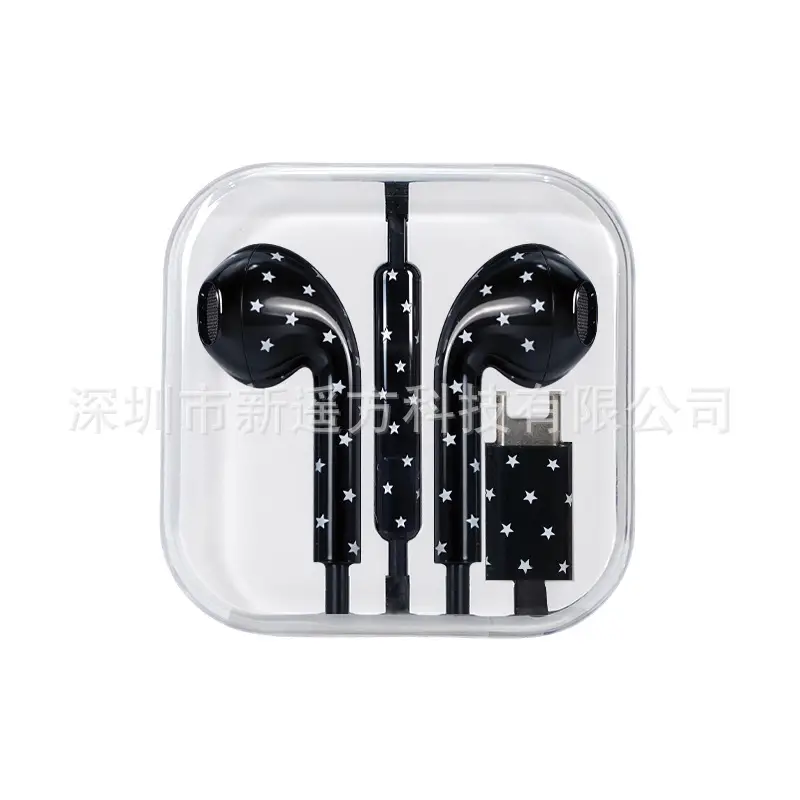Customized Water Transfer Printing Polka Dot Star Pattern Wired Earphones with Microphone Type-C for Mobile Phones Wholesale