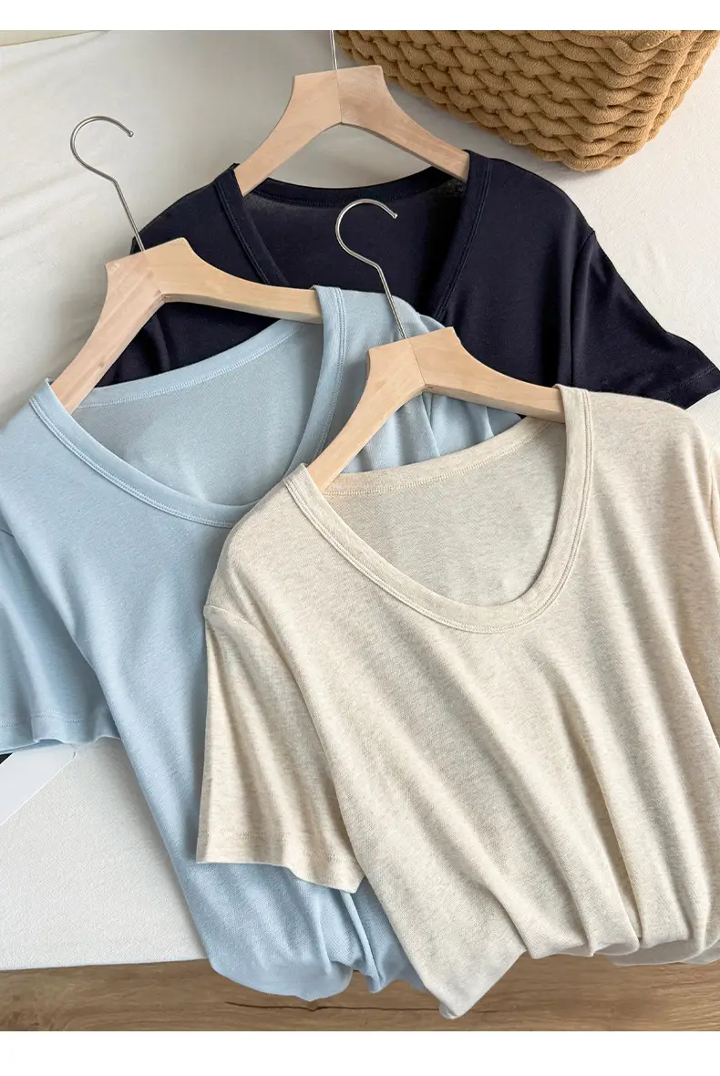 U-Neck Lyocell Linen T-Shirt for Women, Regular Shoulder Short-Sleeve Loose Thin Top, 2026 Summer New Style, Base Layer — feature 14
