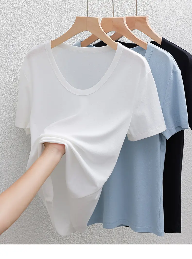 U-Neck Lyocell Linen T-Shirt for Women, Regular Shoulder Short-Sleeve Loose Thin Top, 2026 Summer New Style, Base Layer — feature 2