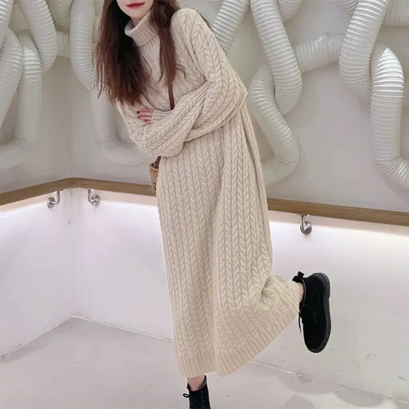 Autumn and Winter Thickened Warm Knitted Turtleneck Cable Knit Dress for Women, Long Loose-Fitting Over-The-Knee Versatile Base Sweater