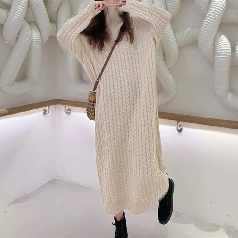 Autumn and Winter Thickened Warm Knitted Turtleneck Cable Knit Dress for Women, Long Loose-Fitting Over-The-Knee Versatile Base Sweater