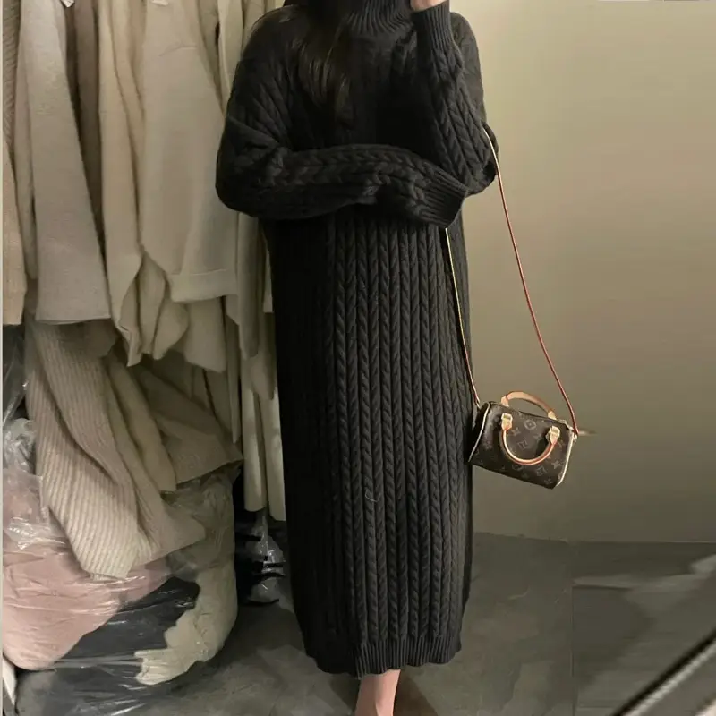 Autumn and Winter Thickened Warm Knitted Turtleneck Cable Knit Dress for Women, Long Loose-Fitting Over-The-Knee Versatile Base Sweater