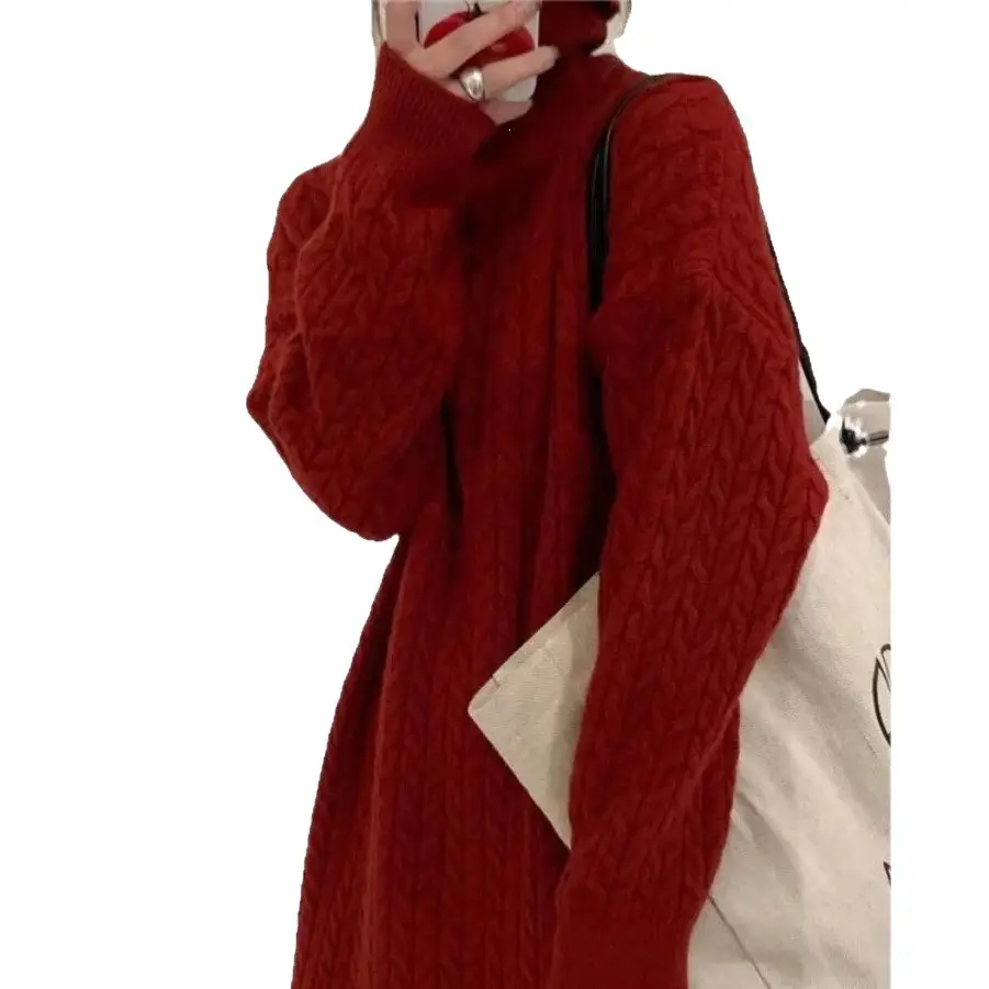 Autumn and Winter Thickened Warm Knitted Turtleneck Cable Knit Dress for Women, Long Loose-Fitting Over-The-Knee Versatile Base Sweater