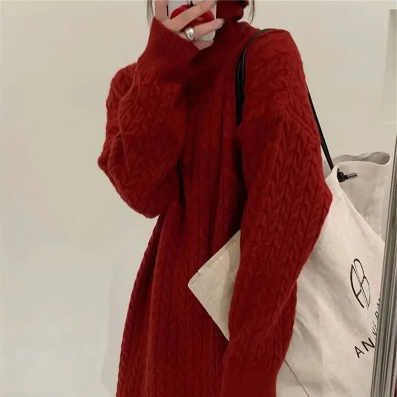 Autumn and Winter Thickened Warm Knitted Turtleneck Cable Knit Dress for Women, Long Loose-Fitting Over-The-Knee Versatile Base Sweater