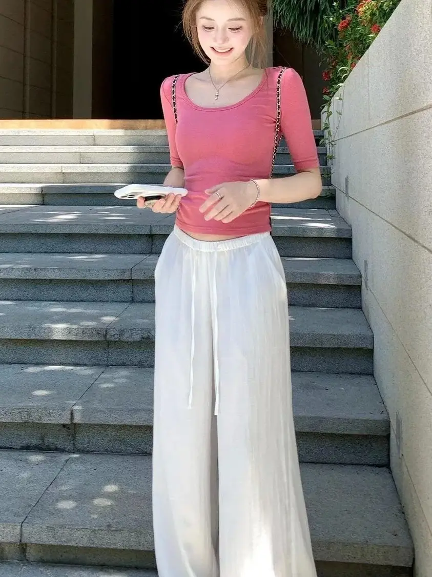 Korean-Style Raspberry Pink U-Neck Mid-Sleeve T-Shirt for Women, Summer 2026 New Design, Niche Slim-Fit Short Top - Image 4