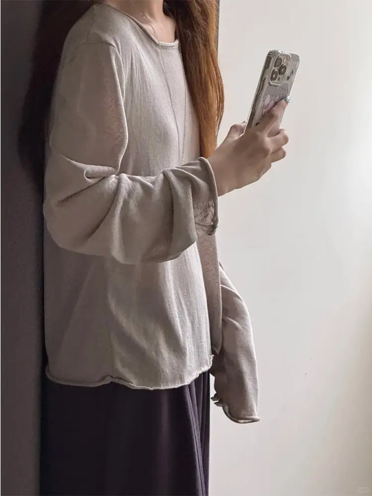 Light Purple Textured Thin Long-Sleeve T-Shirt for Women, Summer Lazy Style, Slightly Sheer, Sun-Protective Cover-Up, Loose Casual Base Shirt Top