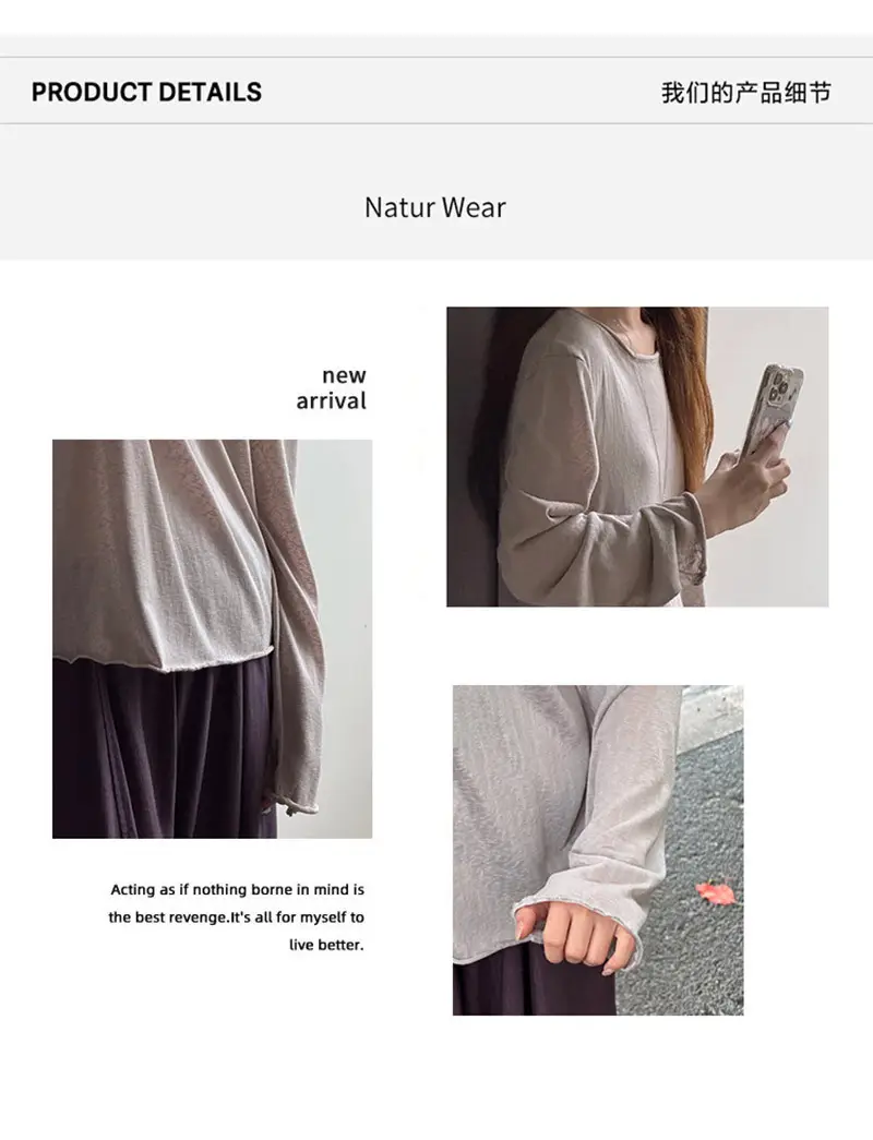 Light Purple Textured Thin Long-Sleeve T-Shirt for Women, Summer Lazy Style, Slightly Sheer, Sun-Protective Cover-Up, Loose Casual Base Shirt Top — feature 3