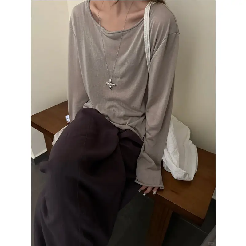 Light Purple Textured Thin Long-Sleeve T-Shirt for Women, Summer Lazy Style, Slightly Sheer, Sun-Protective Cover-Up, Loose Casual Base Shirt Top