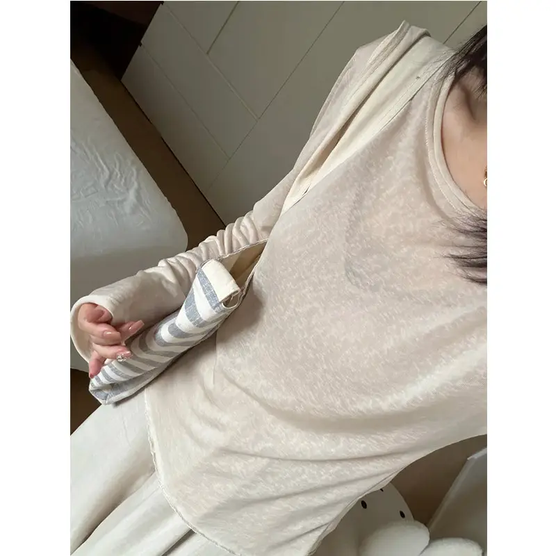 Light Purple Textured Thin Long-Sleeve T-Shirt for Women, Summer Lazy Style, Slightly Sheer, Sun-Protective Cover-Up, Loose Casual Base Shirt Top