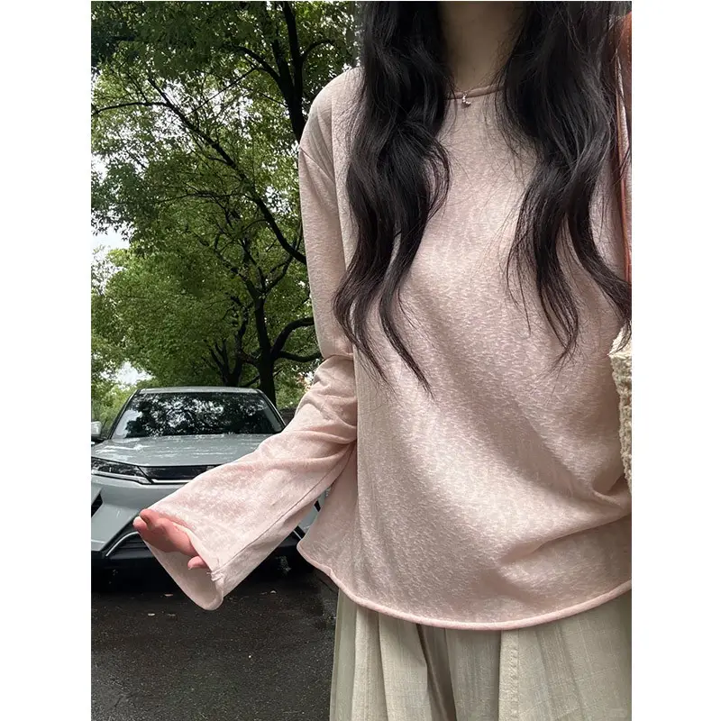 Light Purple Textured Thin Long-Sleeve T-Shirt for Women, Summer Lazy Style, Slightly Sheer, Sun-Protective Cover-Up, Loose Casual Base Shirt Top