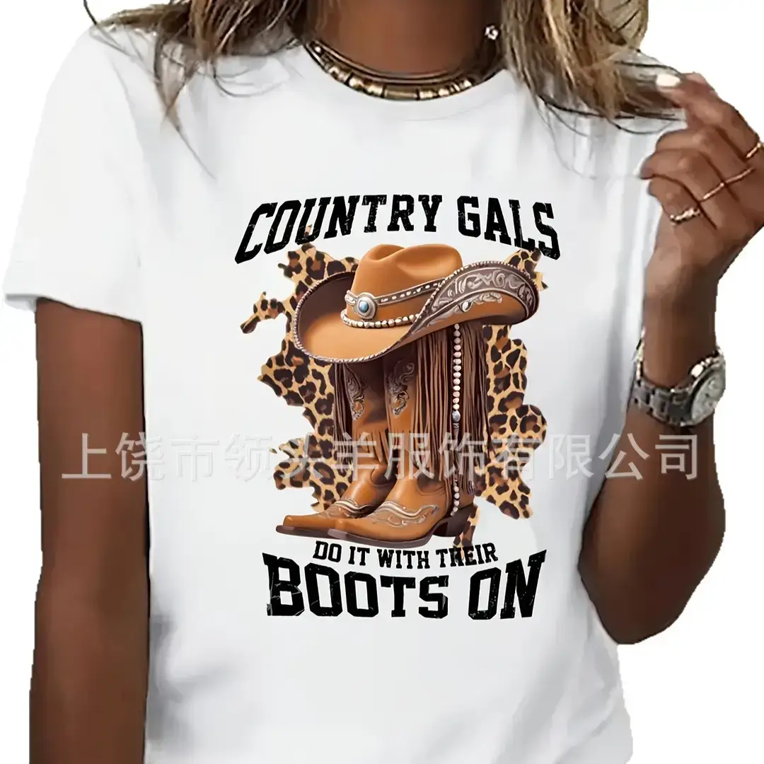 European and American Western Style Sketch Print Short-Sleeved T-Shirt for Women, Caramel Color, Round Neck, Loose Retro Casual Top