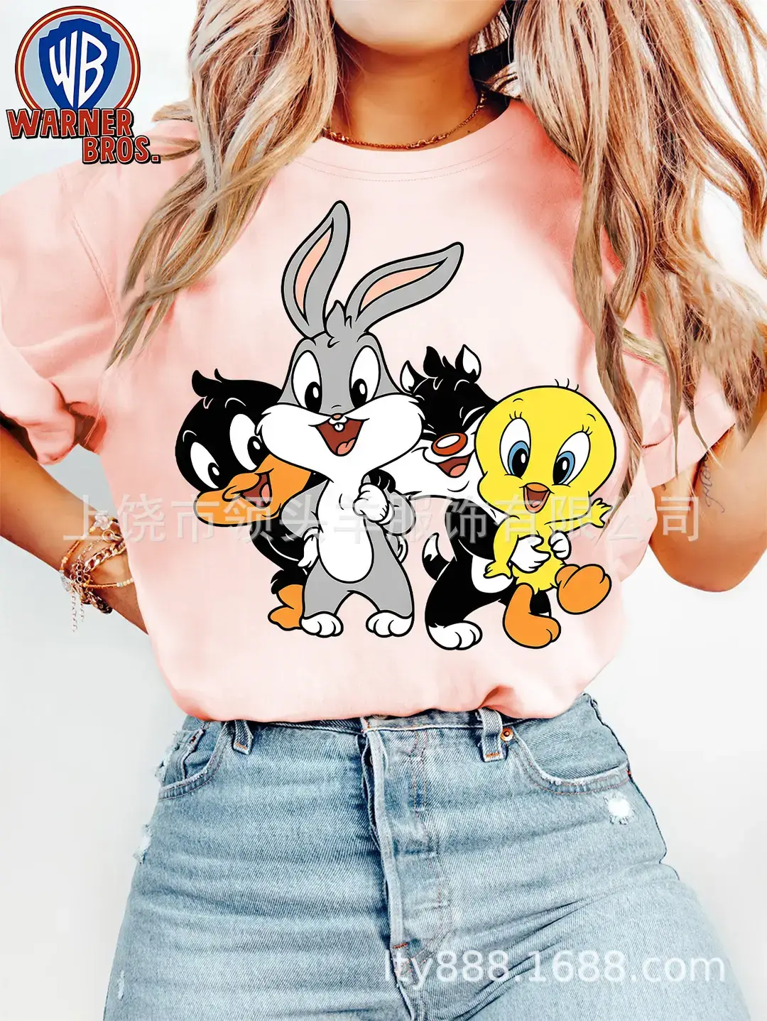 European and American Western Style Sketch Print Short-Sleeved T-Shirt for Women, Caramel Color, Round Neck, Loose Retro Casual Top