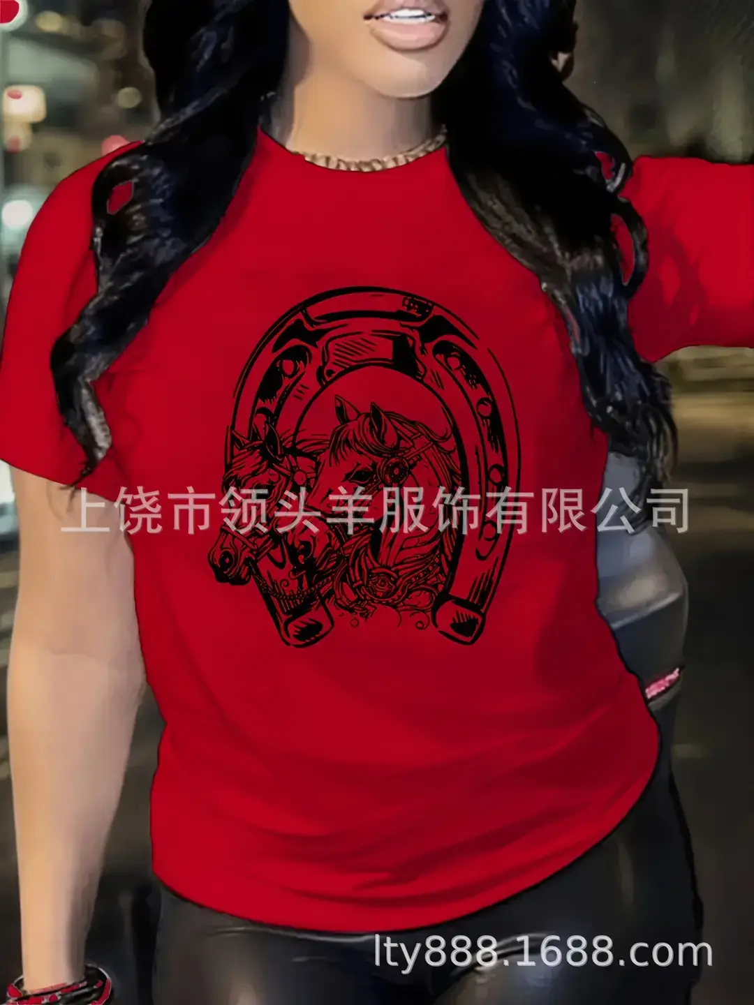 European and American Western Style Sketch Print Short-Sleeved T-Shirt for Women, Caramel Color, Round Neck, Loose Retro Casual Top