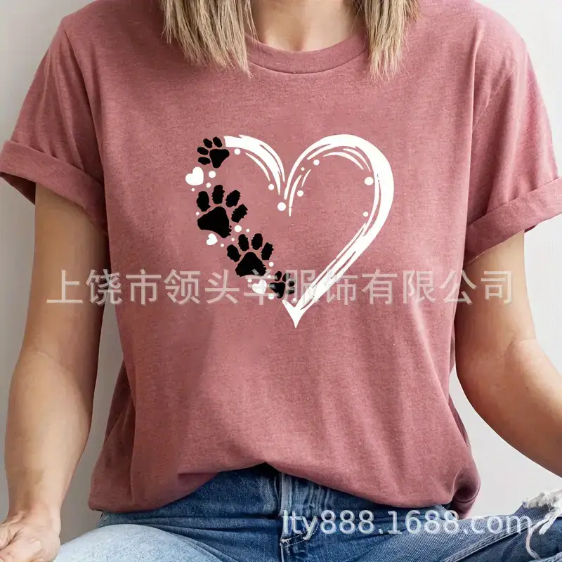 European and American Western Style Sketch Print Short-Sleeved T-Shirt for Women, Caramel Color, Round Neck, Loose Retro Casual Top