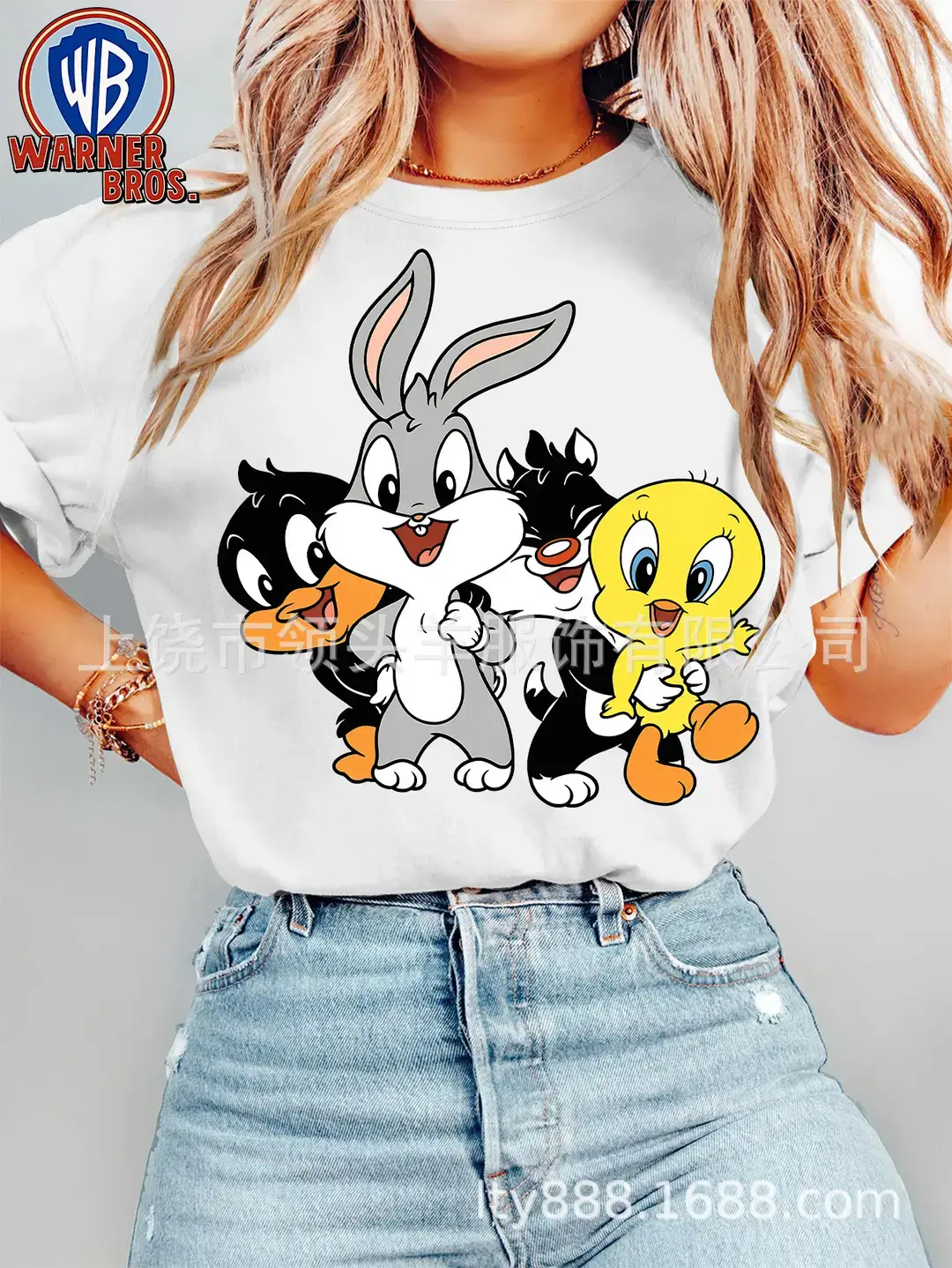 European and American Western Style Sketch Print Short-Sleeved T-Shirt for Women, Caramel Color, Round Neck, Loose Retro Casual Top