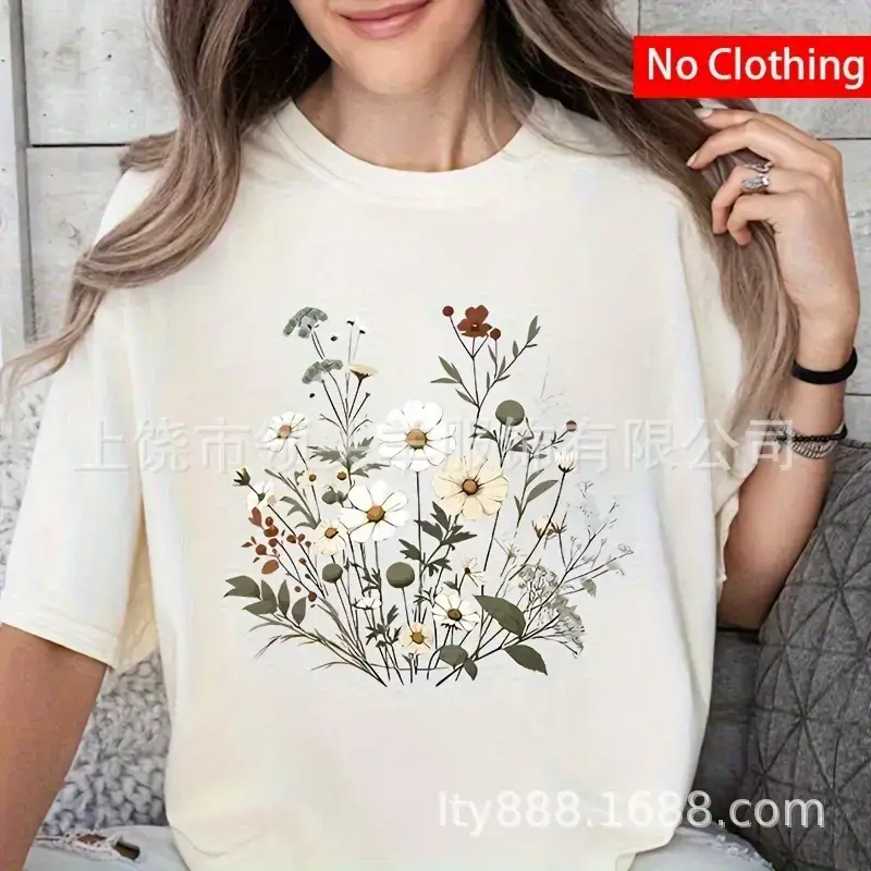 European and American Western Style Sketch Print Short-Sleeved T-Shirt for Women, Caramel Color, Round Neck, Loose Retro Casual Top