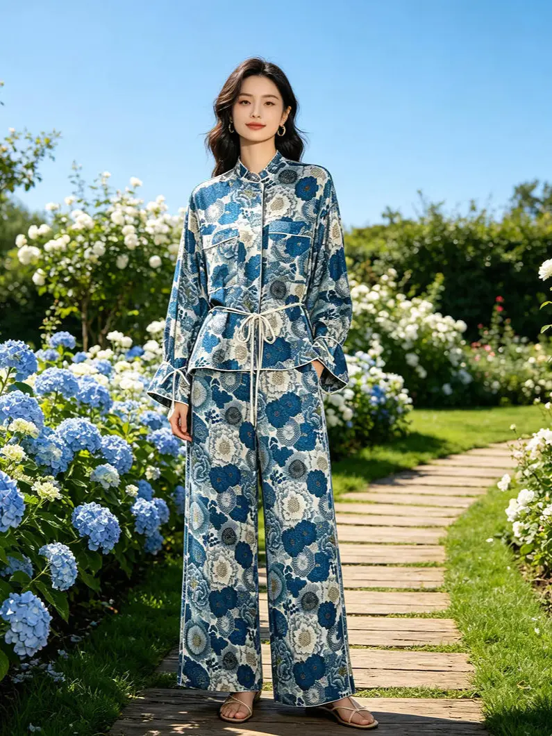 Cross-Border European and American Fashion Aliexpress Hot-Selling Silk Satin Floral Shirt + Silk Satin Floral Pants Set - Image 3