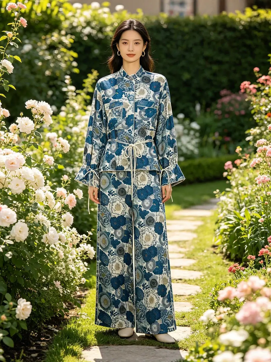Cross-Border European and American Fashion Aliexpress Hot-Selling Silk Satin Floral Shirt + Silk Satin Floral Pants Set - Image 5