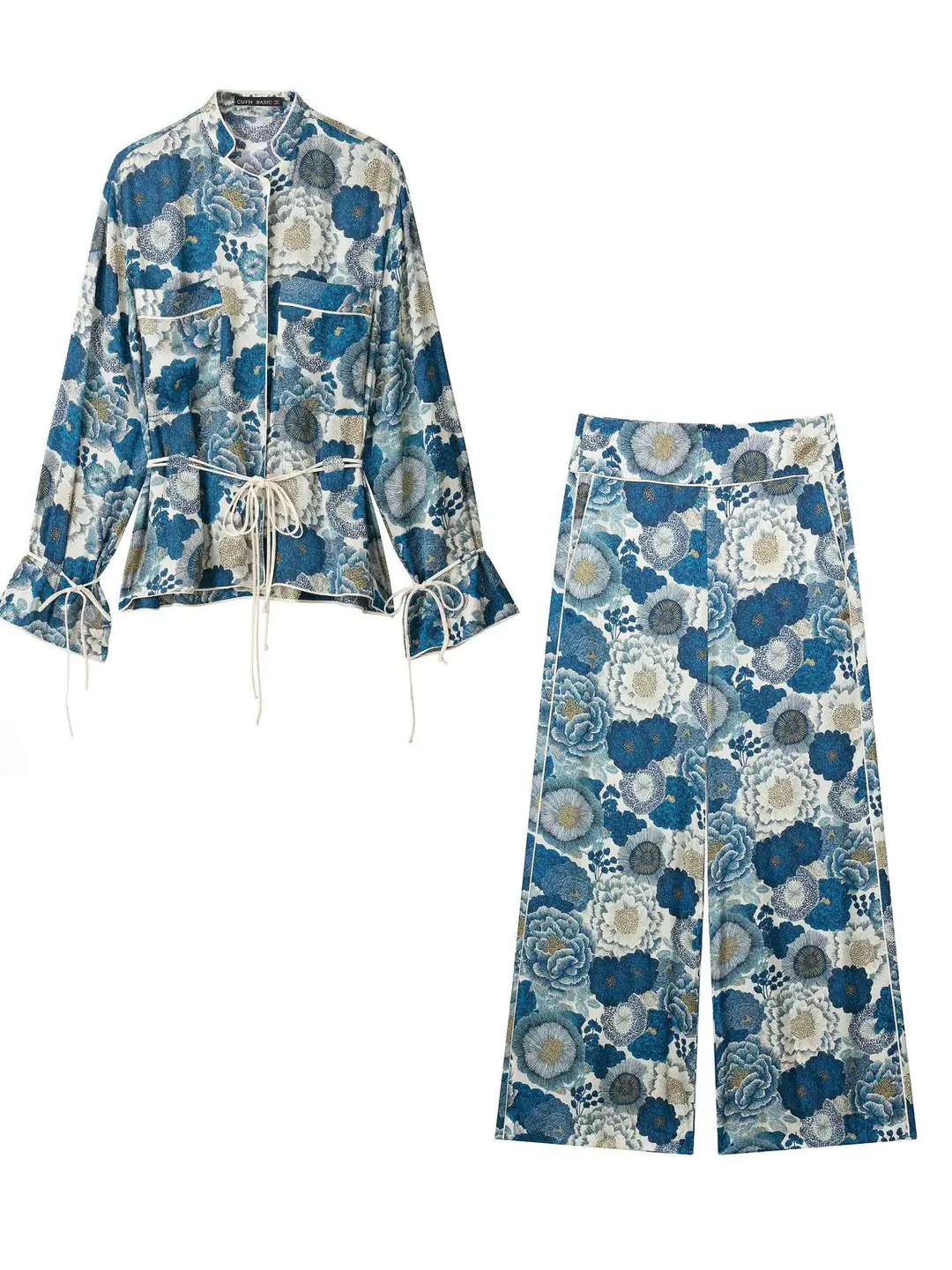 Cross-Border European and American Fashion Aliexpress Hot-Selling Silk Satin Floral Shirt + Silk Satin Floral Pants Set - Image 6