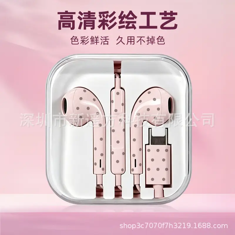 Wholesale Remote-Controlled Wired Earphones with Microphone and Type-C Connector Featuring Polka Dot and Star Pattern Designs