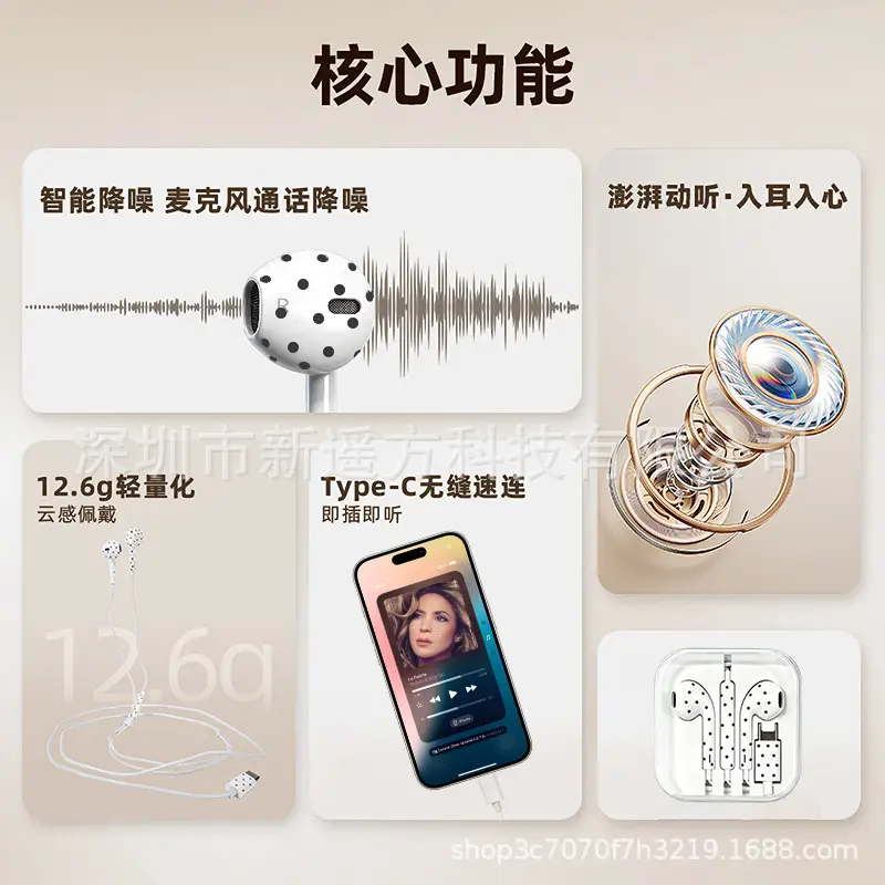Wholesale Remote-Controlled Wired Earphones with Microphone and Type-C Connector Featuring Polka Dot and Star Pattern Designs