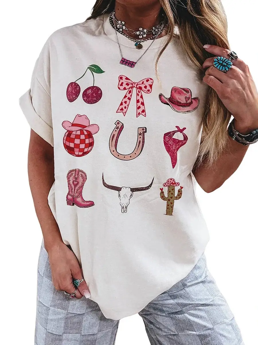 Summer New Style Round Neck Pullover Women's European and American Sweet Cool Style Printed Oversize T-Shirt for Women Dropshipping