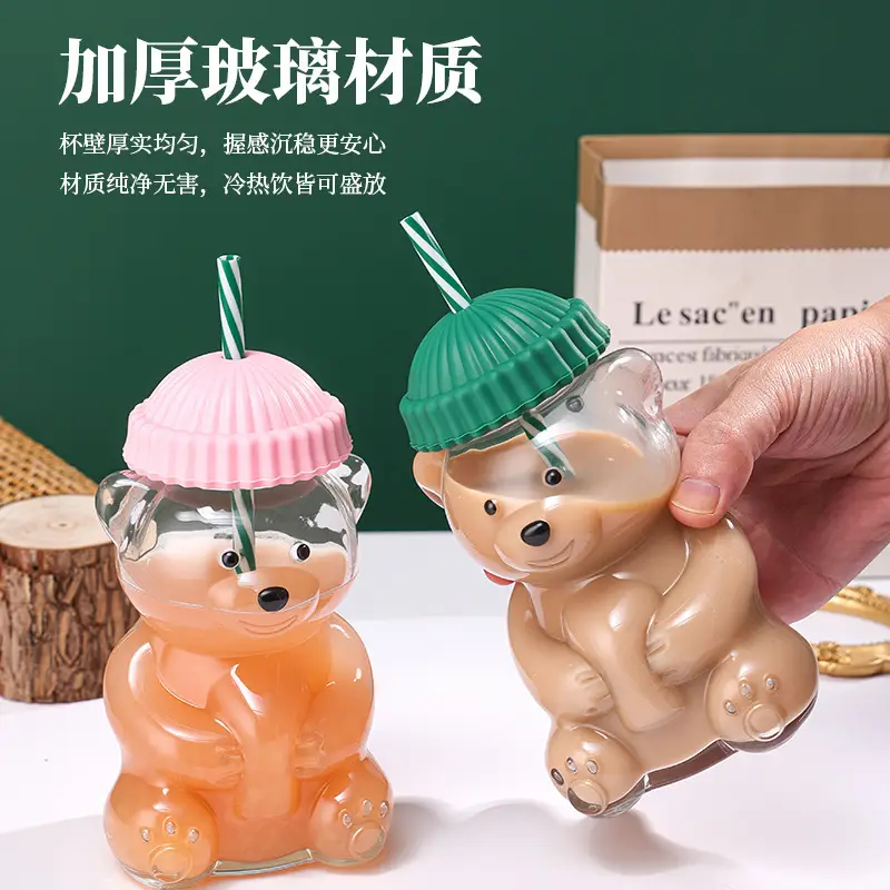 Cross-Border Popular Teddy Bear Glass Cup with Straw, Cute Cartoon Bear Cup, Christmas Gift Cup, Wholesale and Private Label