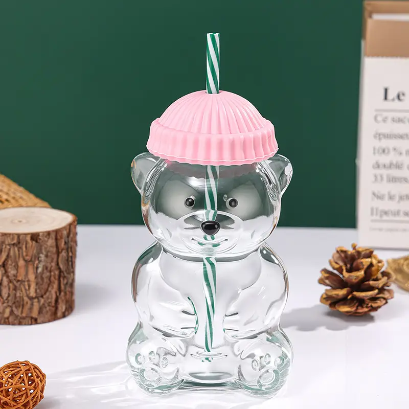 Cross-Border Popular Teddy Bear Glass Cup with Straw, Cute Cartoon Bear Cup, Christmas Gift Cup, Wholesale and Private Label