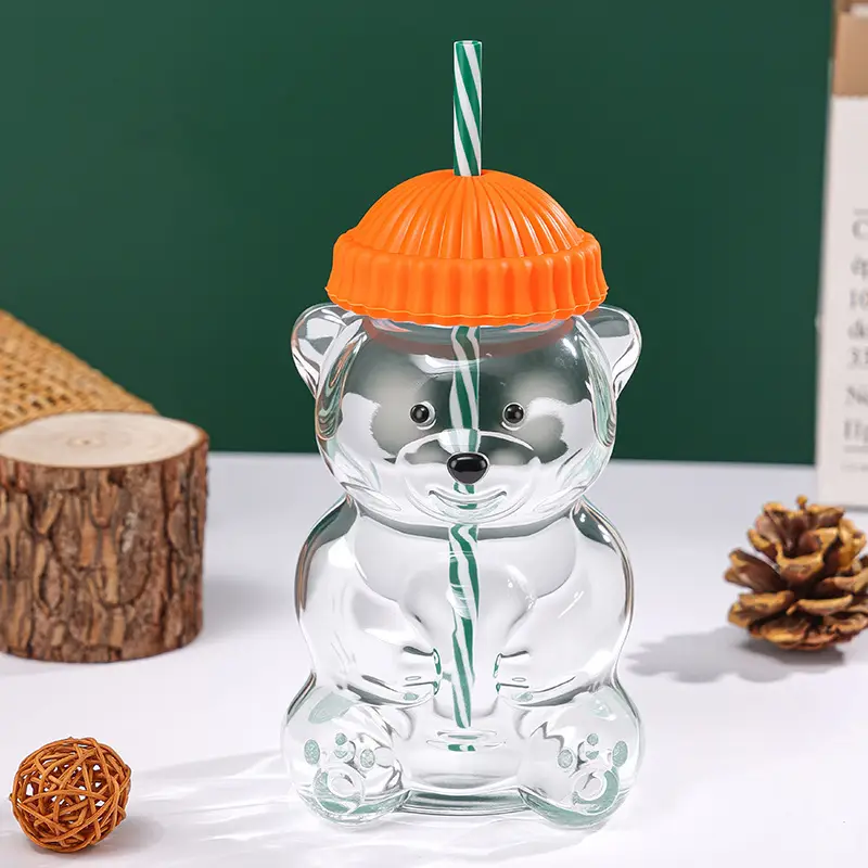 Cross-Border Popular Teddy Bear Glass Cup with Straw, Cute Cartoon Bear Cup, Christmas Gift Cup, Wholesale and Private Label